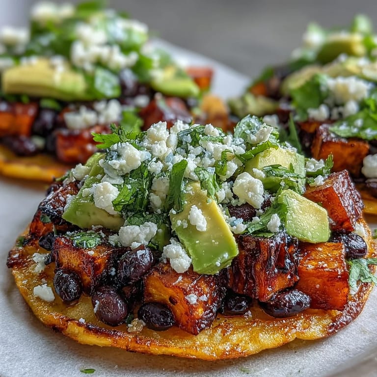 Close-up of Black Bean and Sweet Potato Tostadas featuring lime-dressed black beans, corn, and avocado on a rustic wooden table.