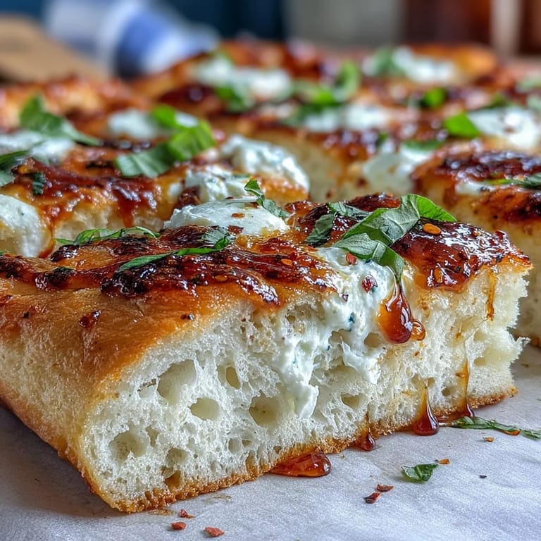 Slices of Hot Honey Ricotta Pizza show creamy ricotta base and spicy honey drizzle.
