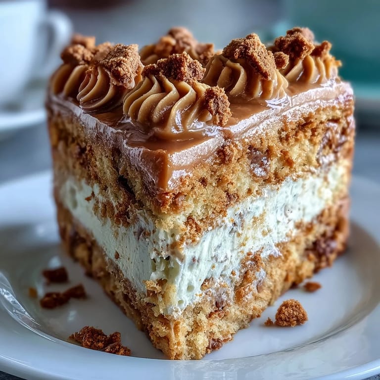 Decadent Baked Biscoff Cake with Creamy Lotus Frosting on a rustic table, ready to be sliced and served with hot coffee.