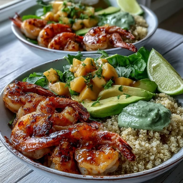 Fresh shrimp and creamy avocado bowls feature smoky grilled shrimp and zesty mango salsa for a refreshing, balanced dinner.