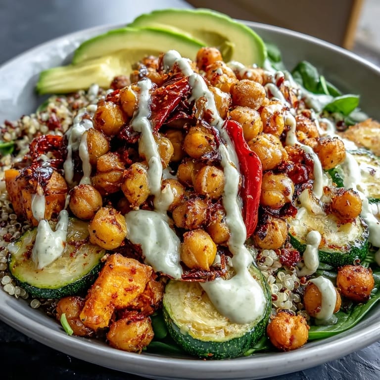 Close up of a freshly assembled Roasted Chickpea Power Bowl featuring baby spinach and herbs.