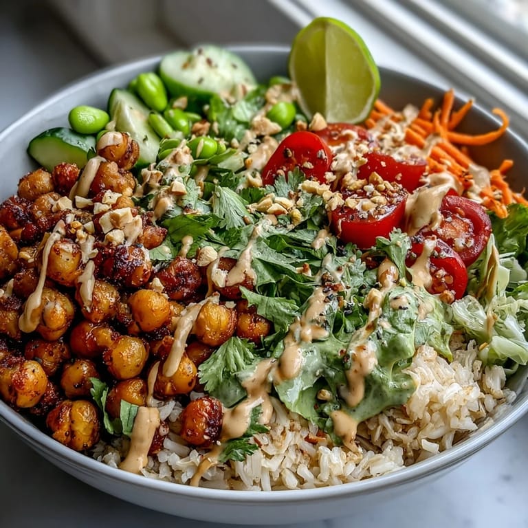 Overhead view of a vibrant Peanut Chickpea Protein Bowl, featuring golden roasted chickpeas, fresh cabbage, carrots, and cucumber on a bed of brown rice.