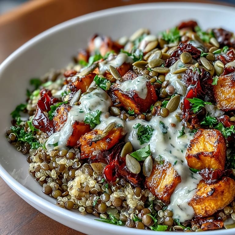 Warm, hearty Lentil Power Bowl with caramelized sweet potato, red peppers, and zucchini over grains, garnished with fresh parsley and pumpkin seeds.