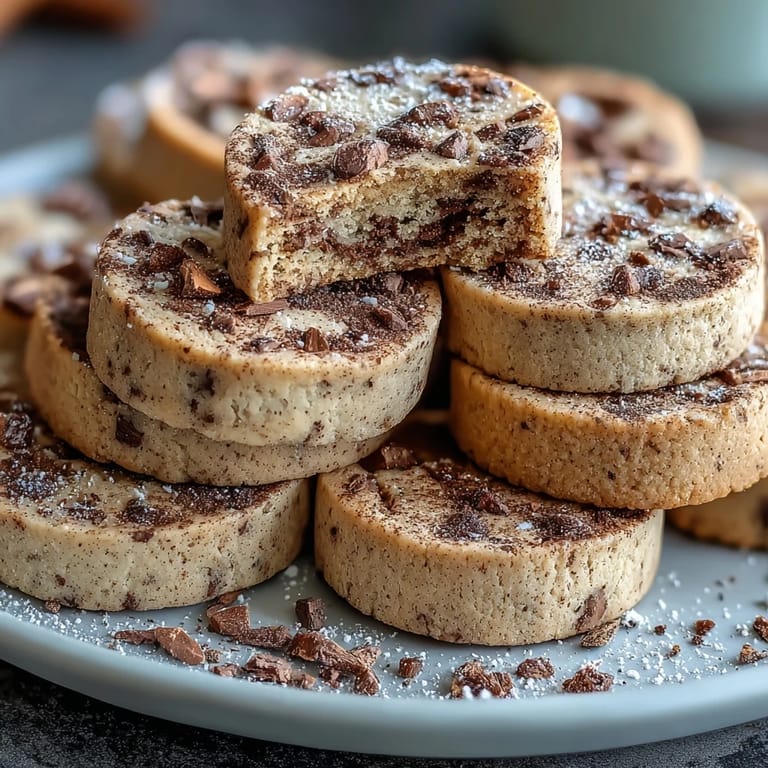 Stack of Hojicha Shortbread cookies lightly dusted with powdered sugar on a white ceramic plate.