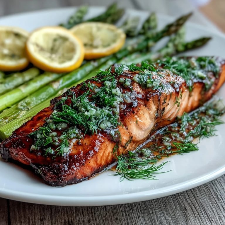Tender Marry Me Salmon fillet served with roasted asparagus and lemon wedges for a romantic dinner.