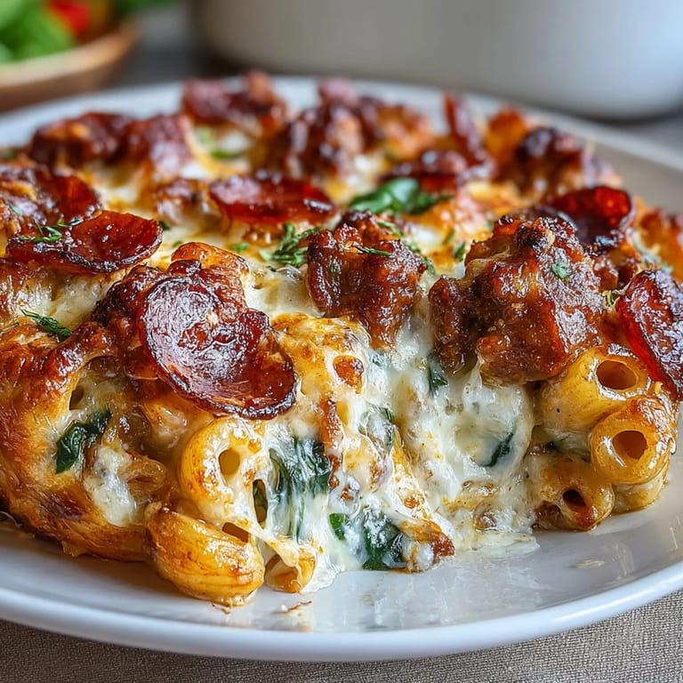 Close-up of High-Protein Pizza Pasta Bake with fresh basil garnish, melted cheese pull, and a side salad for a balanced meal.