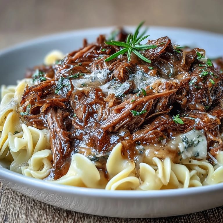 Comforting Crockpot French Onion Pot Roast Pasta dish featuring rich beef gravy ladled over wide, buttery egg noodles for dinner.