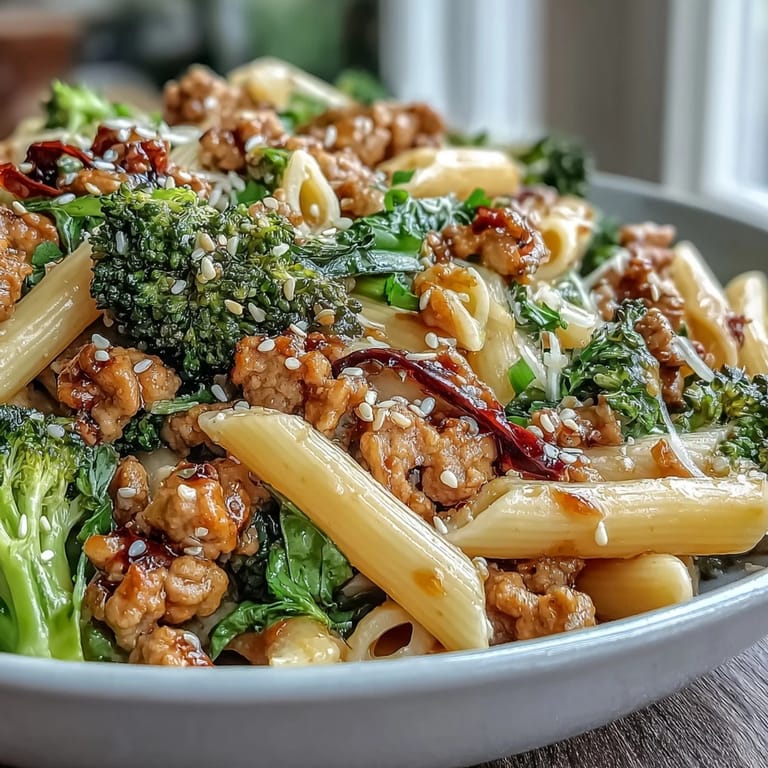 Served steaming in a white bowl, this Sweet & Spicy Turkey Broccoli Pasta is garnished with sesame seeds and fresh green onions for a weeknight dinner.