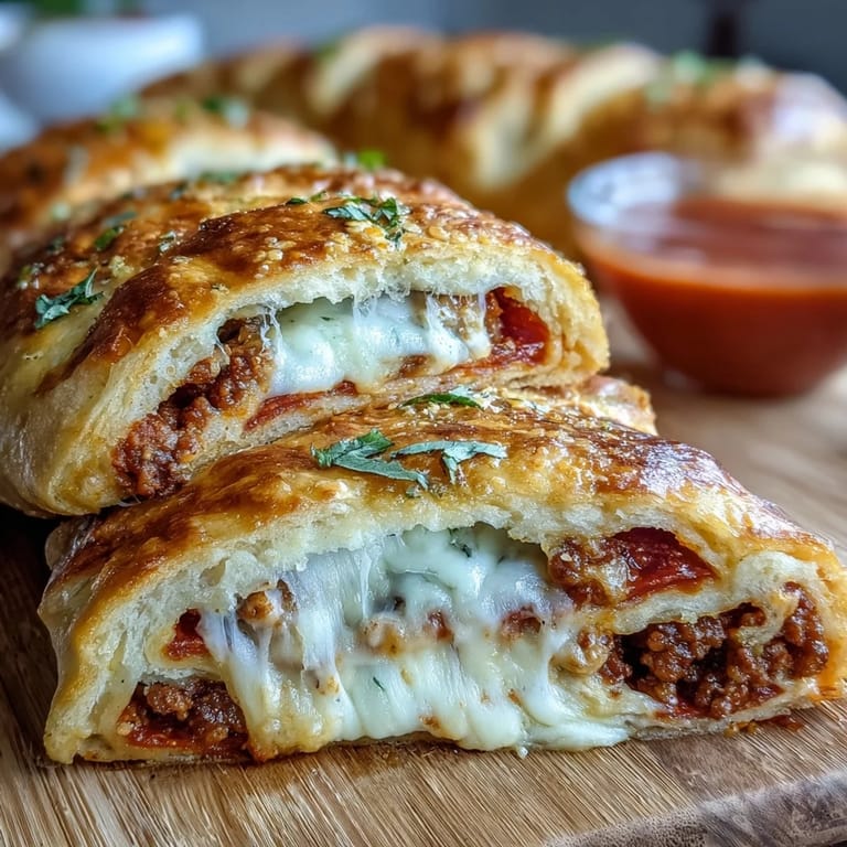 A golden-brown Baked High-Protein Pepperoni Stromboli rests beside a small bowl of warm marinara sauce for dipping, perfect for a family dinner.