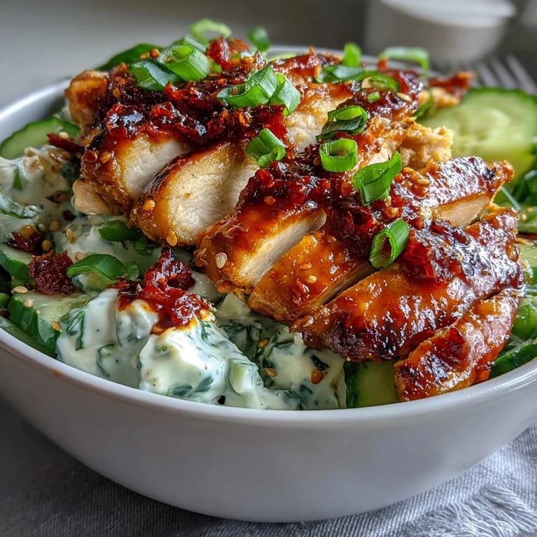 A fork lifts juicy sliced chicken from the bowl, drizzled with crunchy chili crisp and garnished with cilantro.