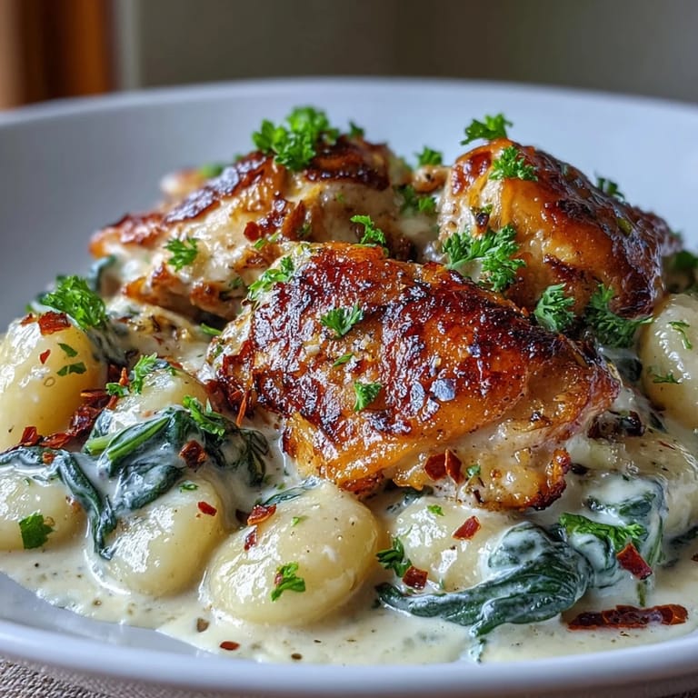Fresh parsley and extra Parmesan garnish this One-Pan Creamy Garlic Chicken Gnocchi, served steaming hot right from the oven-safe pan.