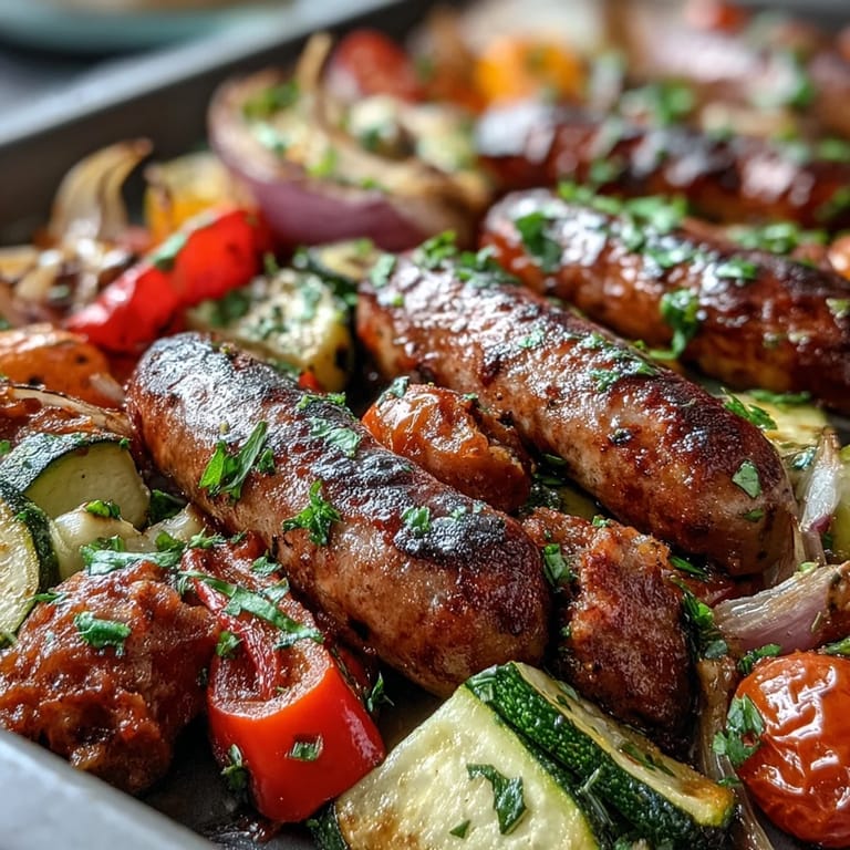 Freshly chopped parsley and lemon wedges garnish the Smoky Sheet Pan Sausage & Veggies with colorful roasted vegetables.