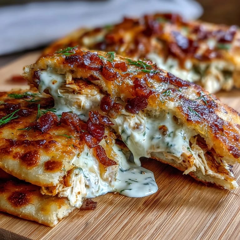 Flaky garlic naan stuffed with creamy ranch chicken, cheddar, and bacon on a white plate.