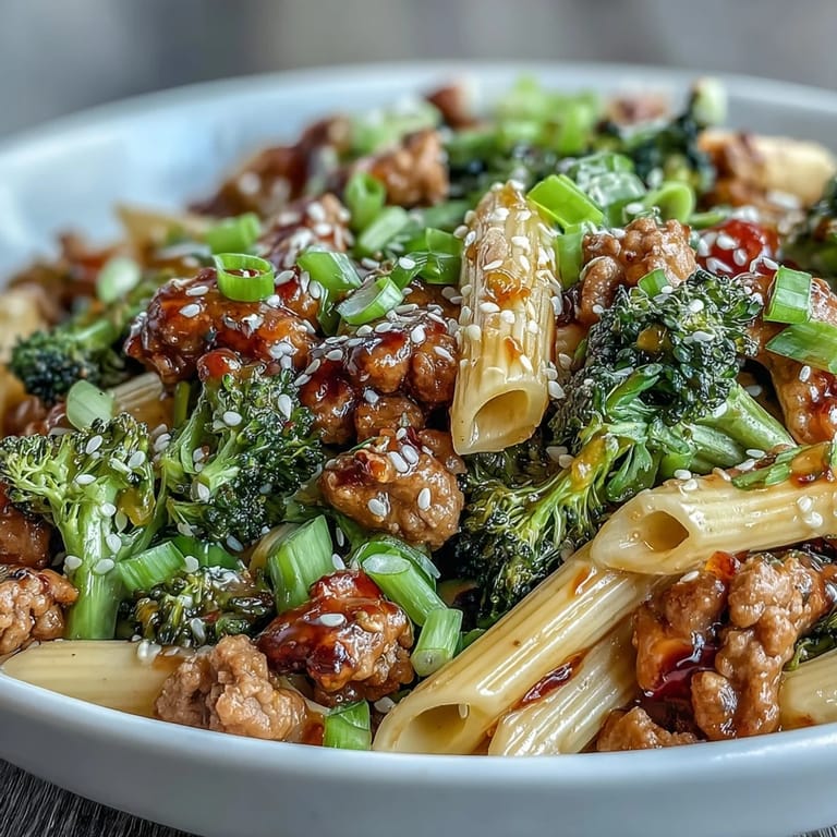 Glossy penne pasta is tossed with sautéed ground turkey, crisp broccoli, and red bell peppers in a skillet. The Sweet & Spicy Turkey Broccoli Pasta is coated in a dark, sticky sauce, ready to be served with sesame seeds.