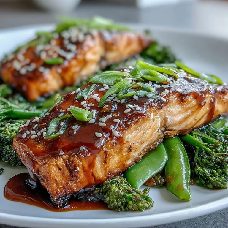 Fragrant garlic-ginger teriyaki glazed salmon roasted with bright green broccoli and snap peas on a parchment-lined pan.