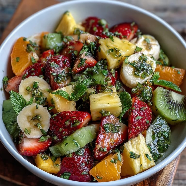 A spoon scoops into Tropical Fruit Salad with Mint Lime Dressing, revealing juicy watermelon, kiwi, and strawberries tossed in a glistening citrus glaze.
