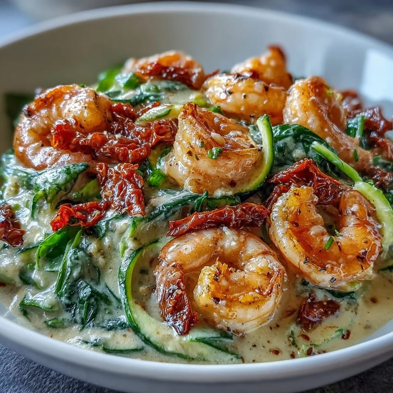 Plated Keto Creamy Garlic Tuscan Shrimp with Zucchini Noodles beside a glass of Pinot Grigio on a rustic table.