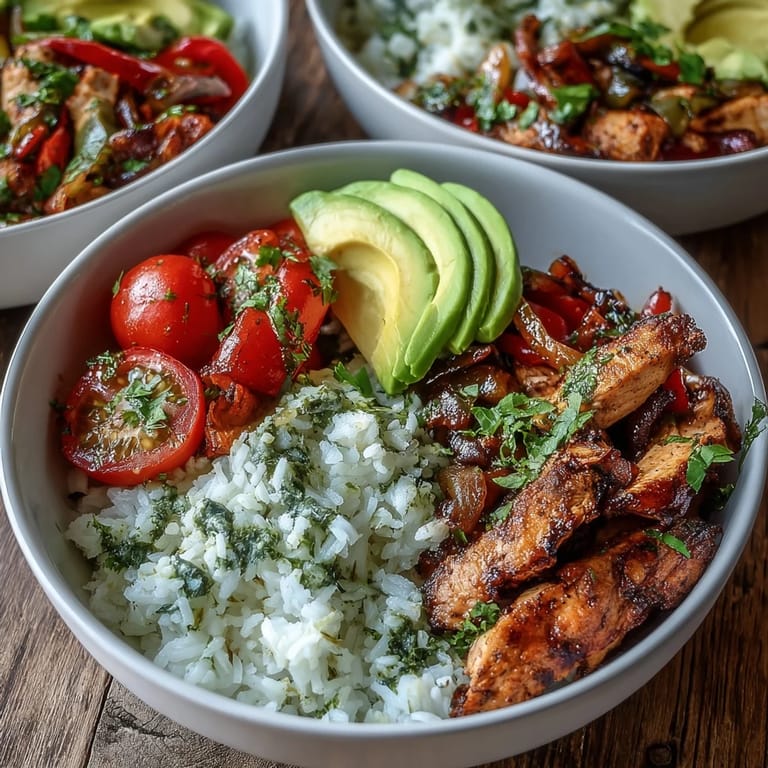 Aerial view of four meal prep containers filled with colorful Skinny Chicken Fajita Meal Prep Bowls with Cilantro-Lime Rice. 