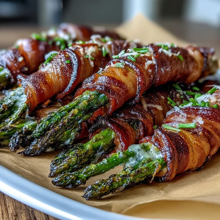 Golden-brown Keto Bacon-Wrapped Asparagus Bundles with Parmesan plated beside mashed cauliflower, perfect for a low-carb dinner.