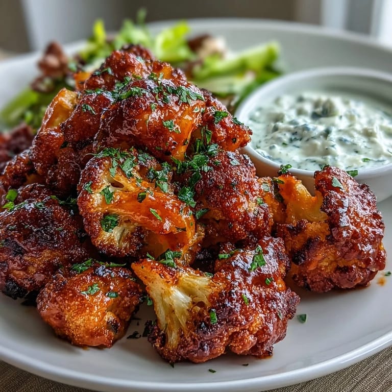Spicy roasted cauliflower florets coated in tangy buffalo sauce, paired with a creamy herb-infused yogurt ranch dip.  