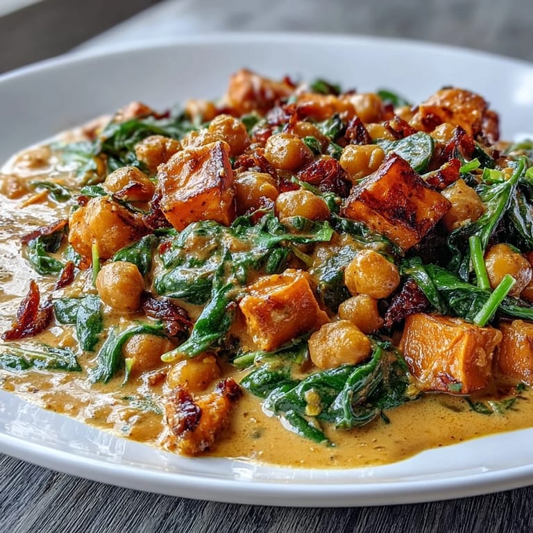 Golden sweet potatoes and hearty chickpeas simmer in a fragrant coconut curry sauce, with fresh spinach adding color and nutrition to this vegan skillet meal.