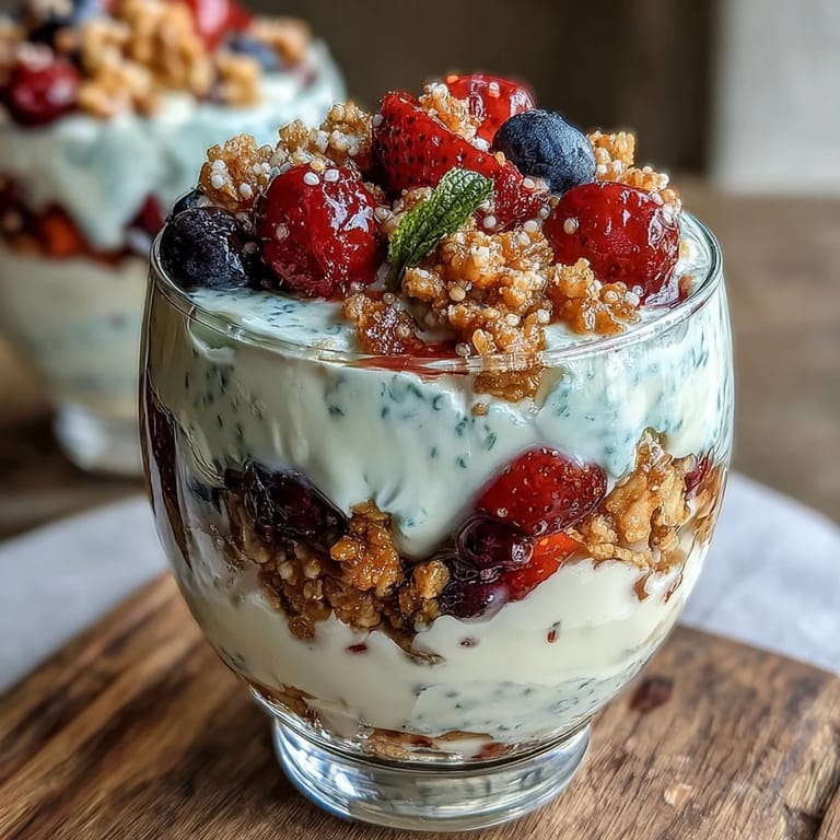 Creamy Greek yogurt and juicy mixed berries topped with a golden granola crumble in this quick, nutritious parfait perfect for busy mornings.