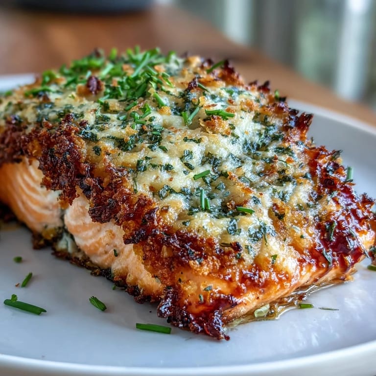 Tender salmon fillets topped with savory garlic-Parmesan crust, served with crisp roasted broccoli and bright lemon wedges for squeezing.  