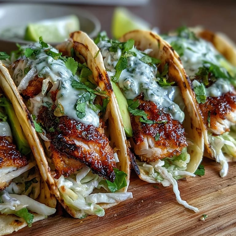 Zesty chili-lime marinated fish tucked into soft tortillas with vibrant red and green cabbage slaw, fresh cilantro crema, and avocado slices.  