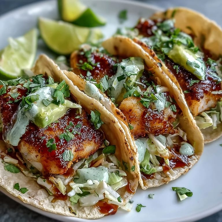 Golden pan-seared fish tacos topped with zesty lime slaw, rich avocado, and a drizzle of cilantro-lime crema for a bright, flavorful meal.
