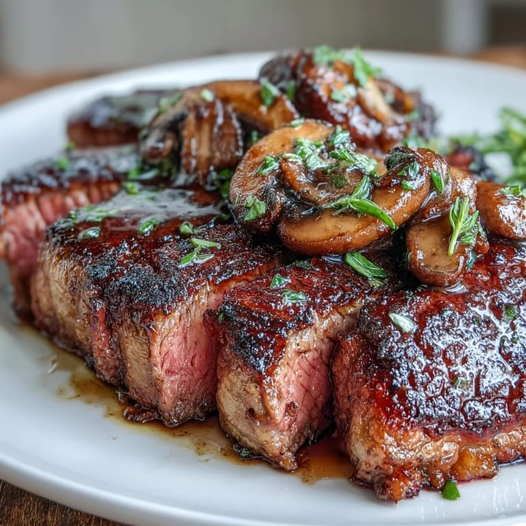 Succulent sirloin steak served with a savory wild mushroom and garlic butter topping, delivering earthy, buttery flavors in every bite.