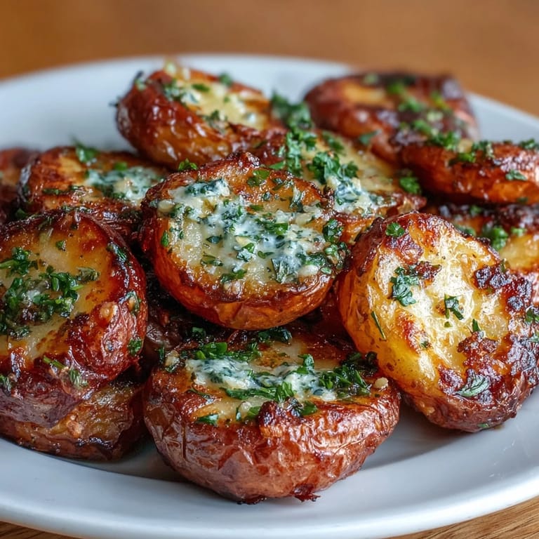 Buttery Yukon Gold potatoes smashed and brushed with garlic herb butter, then roasted until irresistibly crispy.  