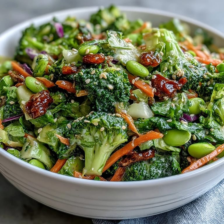 Healthy broccoli crunch salad featuring crisp vegetables, toasted sesame seeds, and a sweet-savory Asian-inspired dressing.