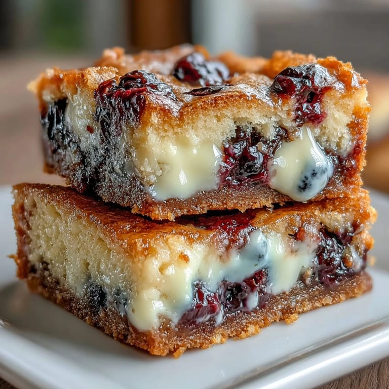 Golden blondies bursting with sweet blueberries, offering a fudgy texture and fruity twist on classic dessert bars.