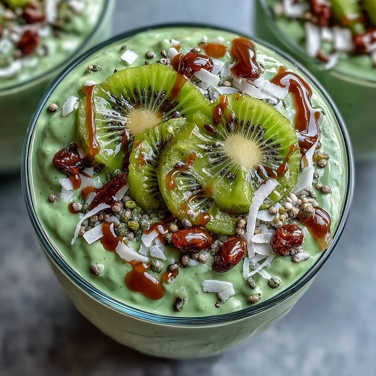 Vibrant green matcha oats with chia seeds and coconut, garnished with fresh berries and banana for a nourishing morning meal.
