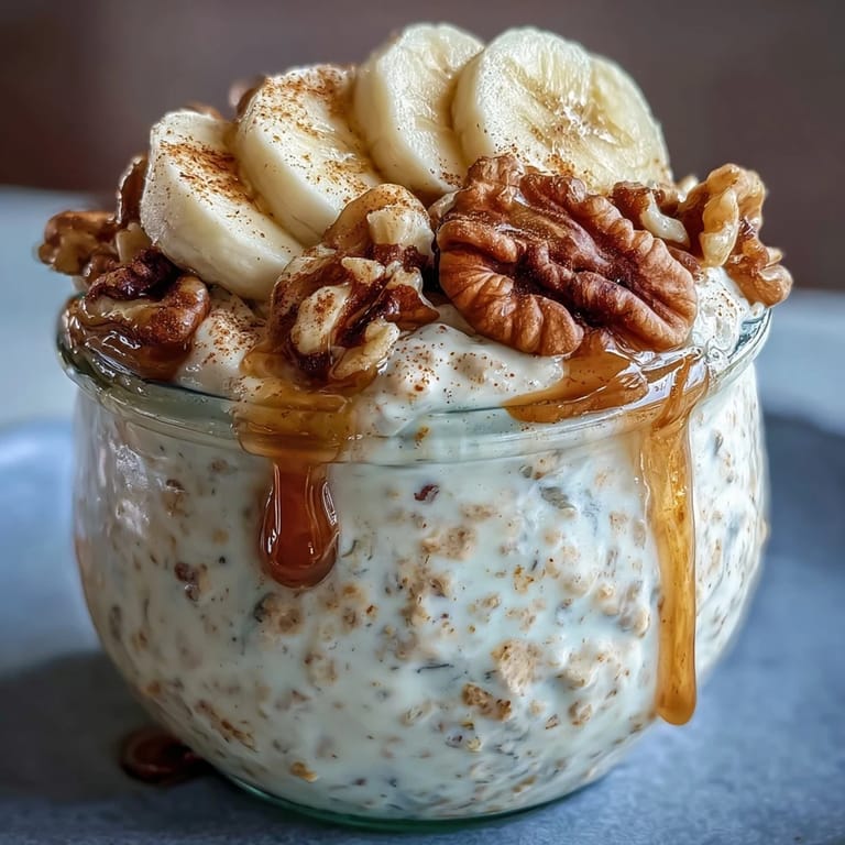 Wholesome overnight oats with mashed banana, cinnamon, and crunchy walnuts, served chilled for a quick and healthy breakfast.