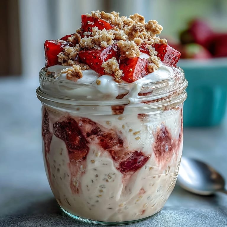 Cheesecake overnight oats in mason jars, featuring sweet strawberries and rich cream cheese layers, perfect for meal prep and easy mornings.