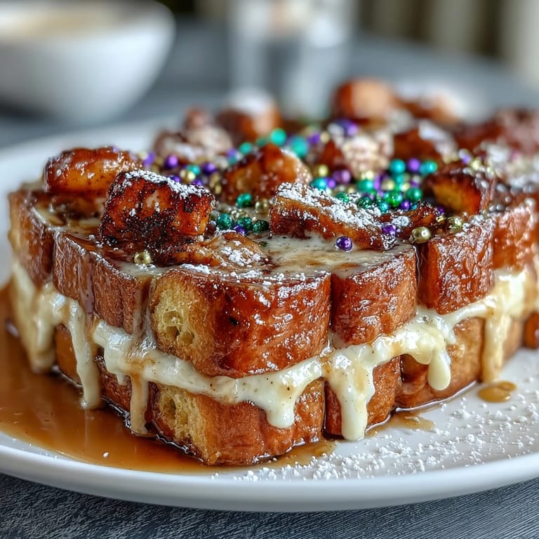 Festive King Cake French Toast casserole with layers of cinnamon brioche, cream cheese filling, and purple green gold sprinkles for a Mardi Gras breakfast.
