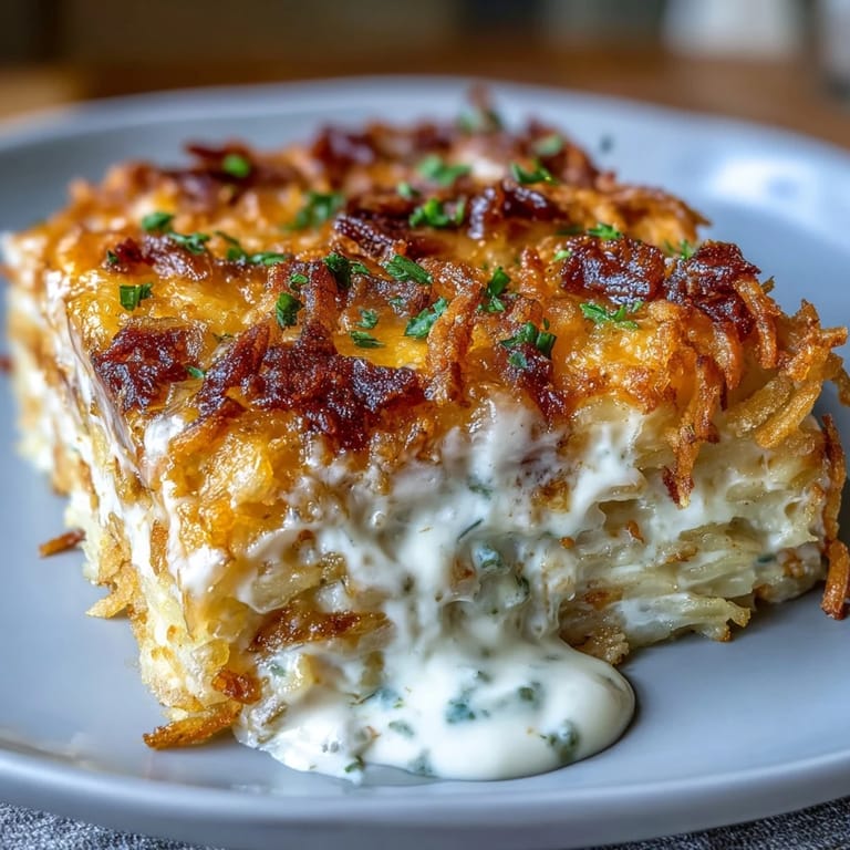 Creamy funeral potatoes casserole with hashbrown crust, melted cheese, and a crispy golden topping in a rustic casserole dish.  