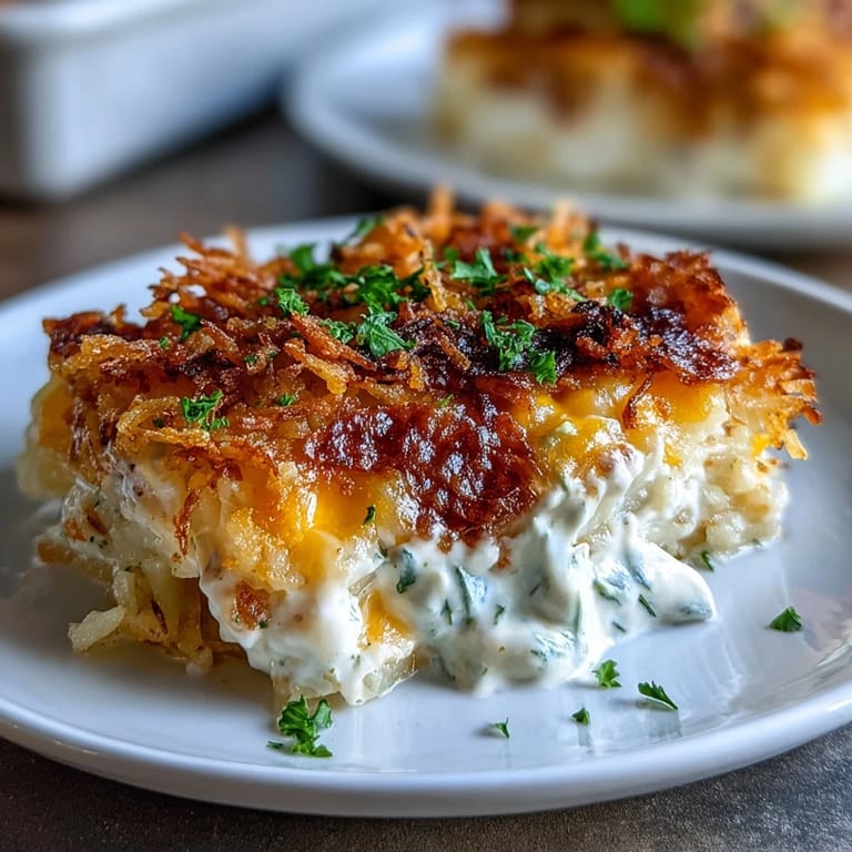 Warm funeral potatoes casserole with hashbrown topping, creamy interior, and a golden crunchy crust, perfect for family gatherings.