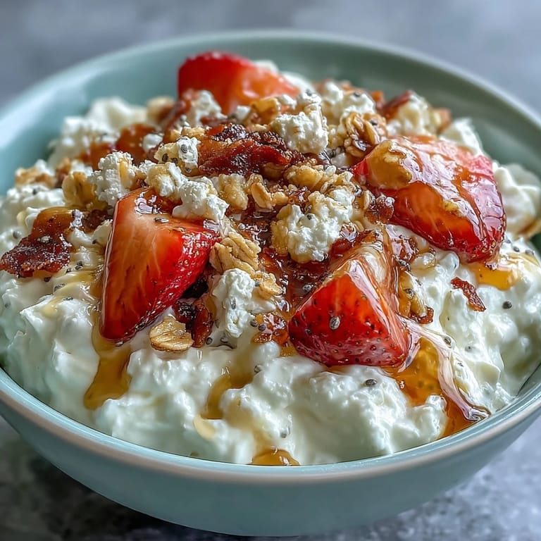 Whipped yogurt breakfast bowl garnished with sliced strawberries, granola, and chopped nuts for extra texture.