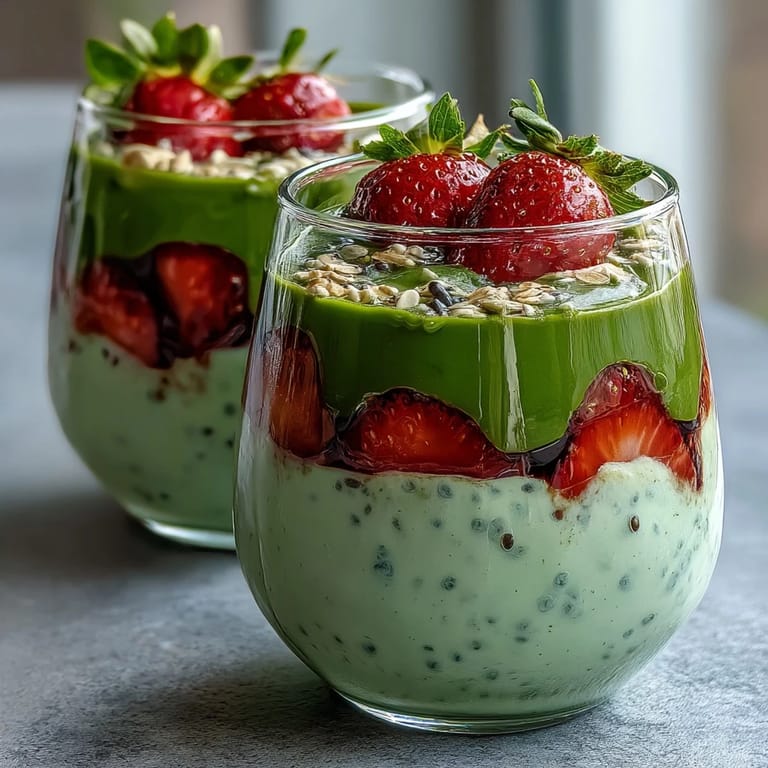 Creamy chia oats blended with matcha green tea and strawberries, chilled overnight for a nutritious and energizing morning meal.