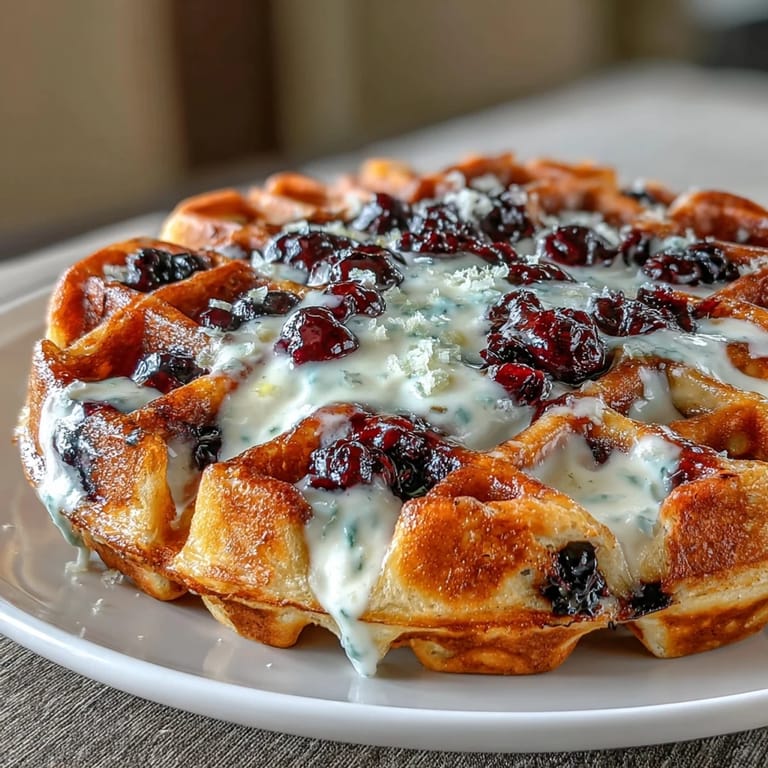 Crispy, fluffy waffles made with active sourdough starter, bursting with blueberries and lemon, served with a drizzle of maple syrup and extra fruit.  