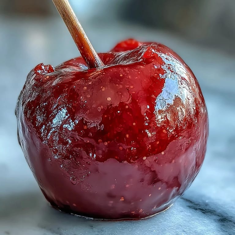Bright red candy apples on wooden sticks, showcasing a shiny, crackly coating that glistens under festive lighting.