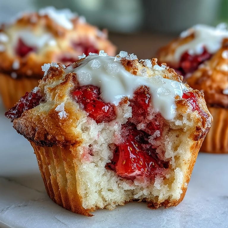 Moist strawberry yogurt muffins with fresh fruit chunks, topped with a sprinkle of coarse sugar for a bakery-style treat.