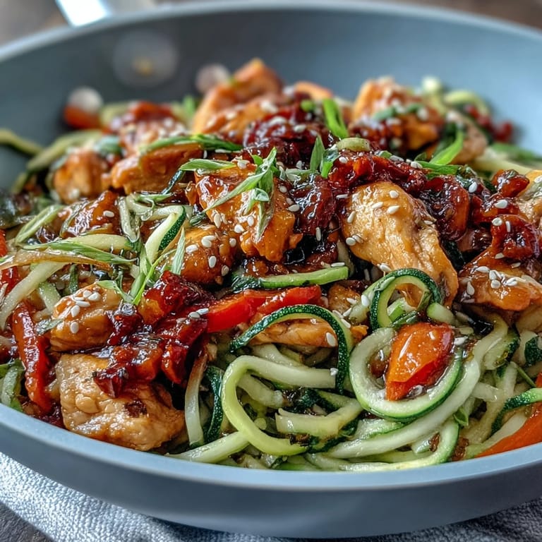 Vibrant low-carb stir fry featuring juicy chicken breast, rainbow vegetables, and fresh zucchini noodles tossed in a fragrant sesame-ginger sauce.