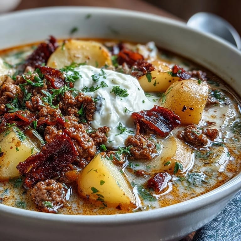 Hearty Shepherds Pie Soup featuring tender ground beef, diced potatoes, and mixed vegetables in a savory broth, perfect for a cozy dinner.