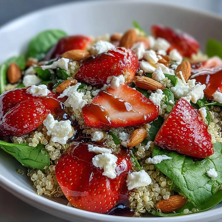 Hearty strawberry quinoa salad topped with feta cheese and toasted almonds, tossed in a sweet balsamic glaze.