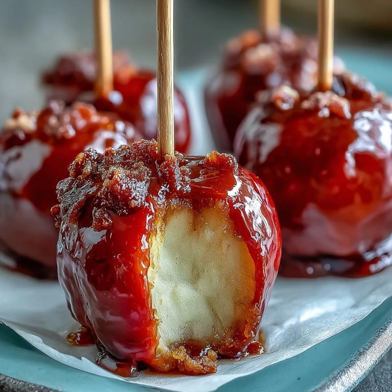Crisp apple chunks coated in vibrant candy shell, served on toothpicks for easy party snacking and kid-friendly fun.