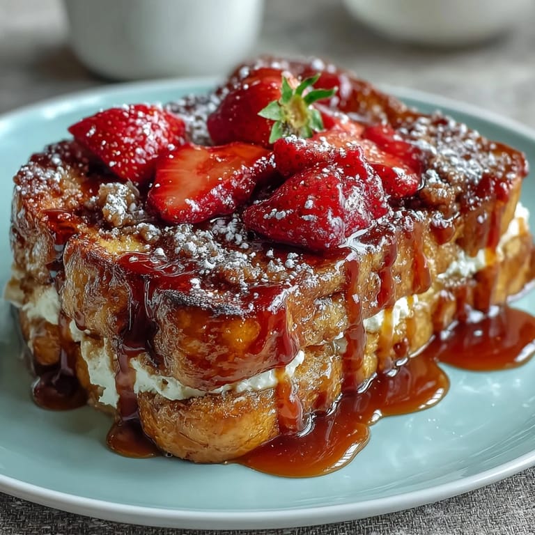Aromatic Strawberry French Toast Bake, with tender brioche cubes, creamy vanilla custard, and a crunchy cinnamon topping, ideal for spring brunch gatherings.