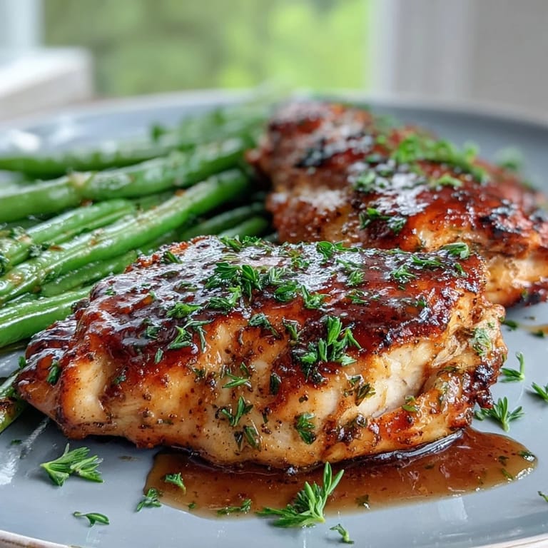 Juicy chicken breasts glazed in tangy honey mustard sauce, paired with crisp green beans for a colorful, wholesome dinner.  
